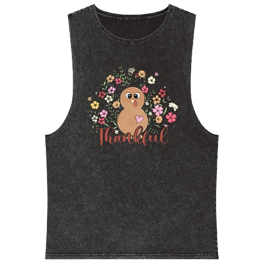 Thankful Floral Turkey Natural Cute Thanksgiving Mineral Wash Tank Tops