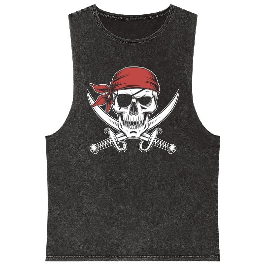 Pirate Skull Crossbones Red Bandana Jolly Roger Mineral Wash Tank Tops