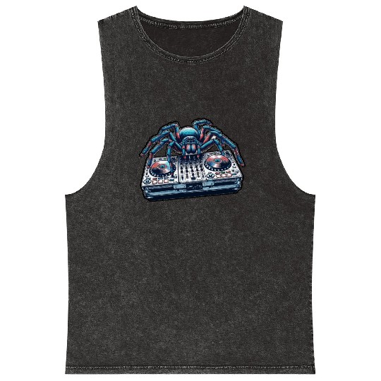 DJ Spider On The Controller-creative Design Mineral Wash Tank Tops