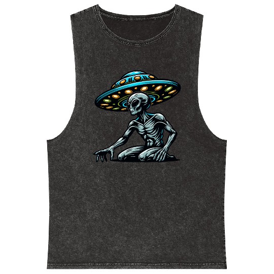 Grey Alien UFO Mineral Wash Tank Tops