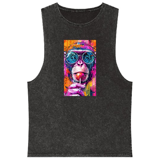 Digital Art Monkey With Lollipop Graffiti Elements Mineral Wash Tank Tops