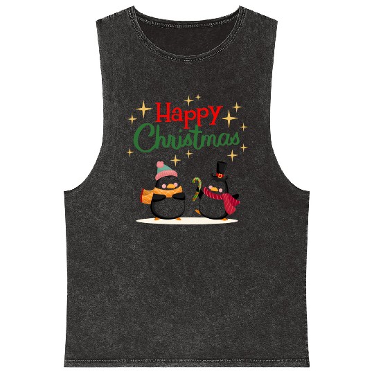 Cute cartoon penguins celebrating Christmas Mineral Wash Tank Tops