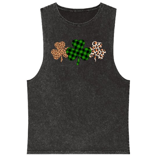 St Patricks Day Lucky Irish Green Plaid Shamrock Mineral Wash Tank Tops