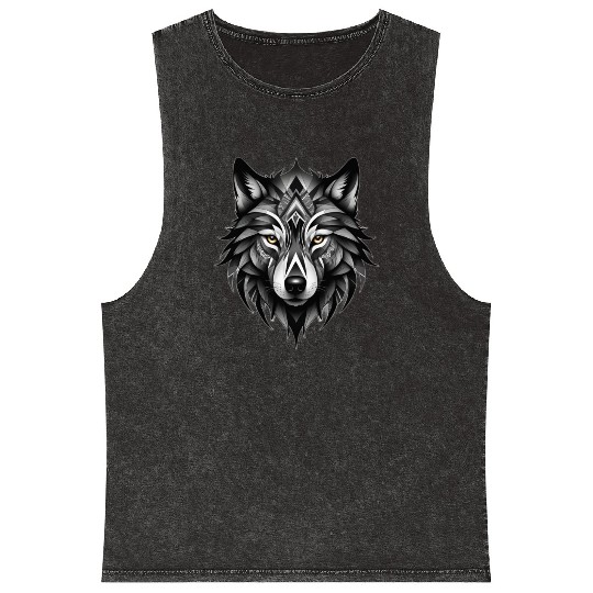 Black and White Geometric Wolf Mineral Wash Tank Tops