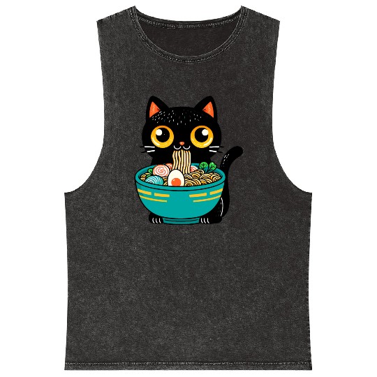 Funny Cat Eating Ramen Japanese Cat Ramen Noodles Mineral Wash Tank Tops