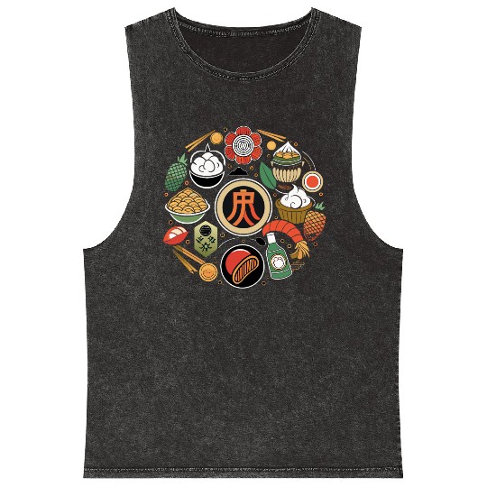 Japanese Cuisine Circle Retro Design Mineral Wash Tank Tops
