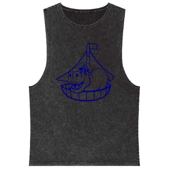 Funny Hippo Old Captain Sails Cute Cartoon Comic Mineral Wash Tank Tops