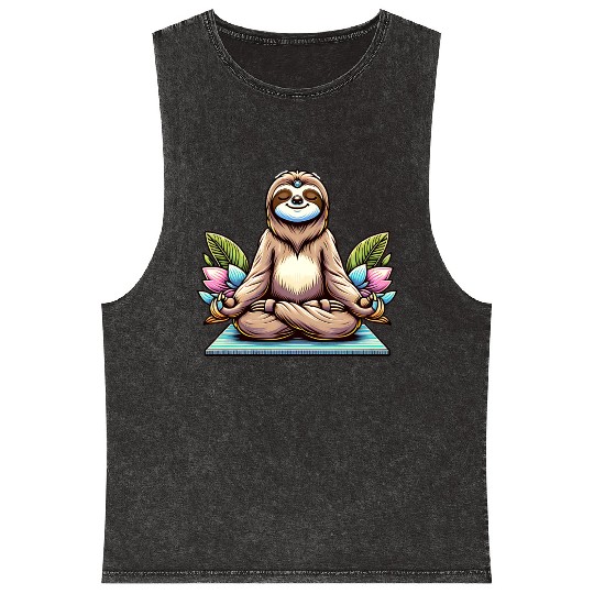 Meditative Sloth with Lotus Flowers Tranquility Mineral Wash Tank Tops