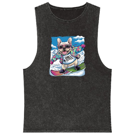 French Bulldog Snowboard Skiing for French Mineral Wash Tank Tops