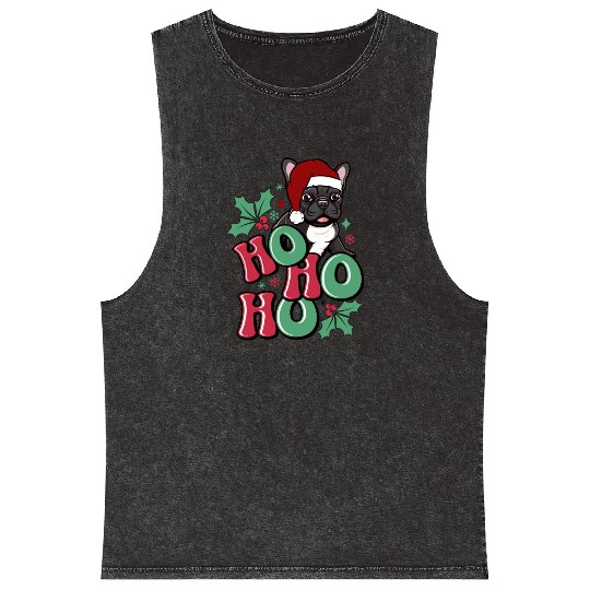 HO HO HO French Bulldog Holly Leaf Funny Mineral Wash Tank Tops