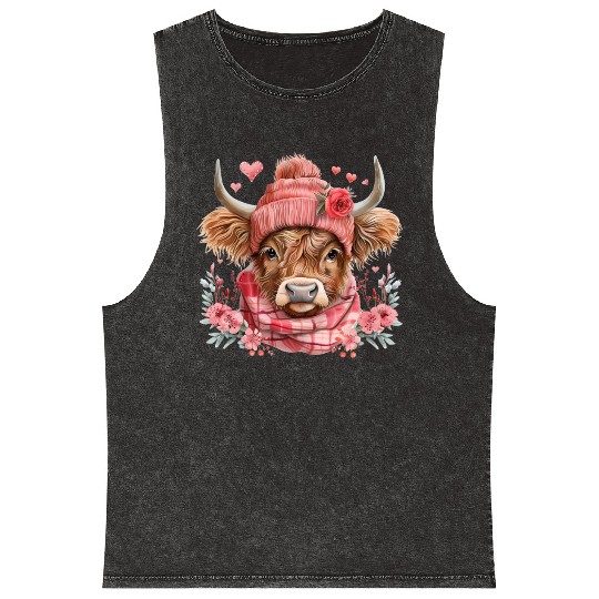 Cute Highland Cow Valentines Day Mineral Wash Tank Tops