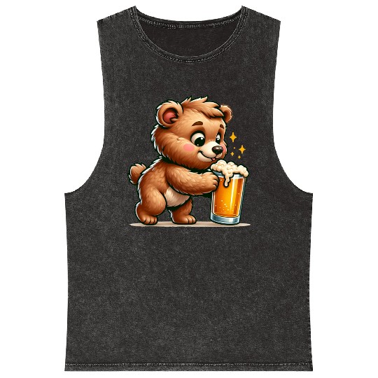 Cute Bear Drinking Beer Mineral Wash Tank Tops