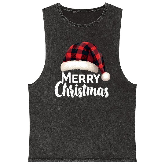 Merry Christmas Buffalo Plaid Red Santa Hat Xmas Mineral Wash Tank Tops