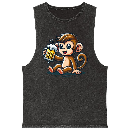 Cute Monkey Drinking Beer Mineral Wash Tank Tops