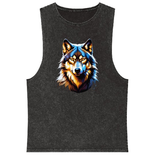 Isolated Lone Wolf Head Ink Design Mineral Wash Tank Tops