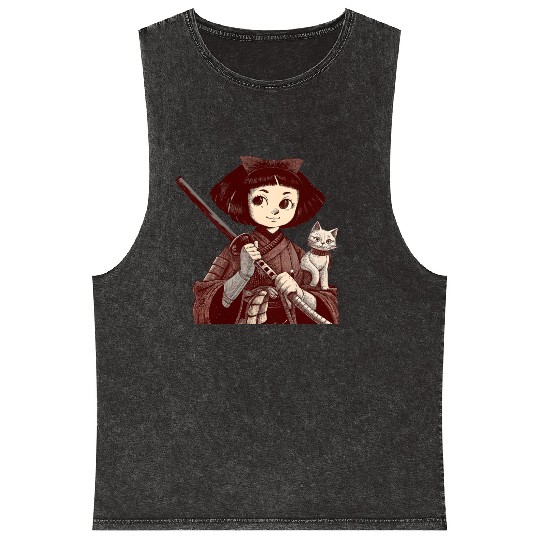 Chibi Samurai Warrior Cat Companion & Blossoms Mineral Wash Tank Tops