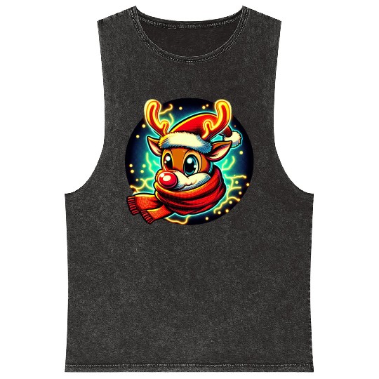Funny Christmas Rudolph: Glowing Neon Santa Scarf Mineral Wash Tank Tops