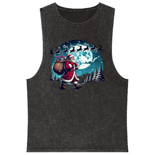 Santa Claus with Gifts Under the Snowy Sky Mineral Wash Tank Tops