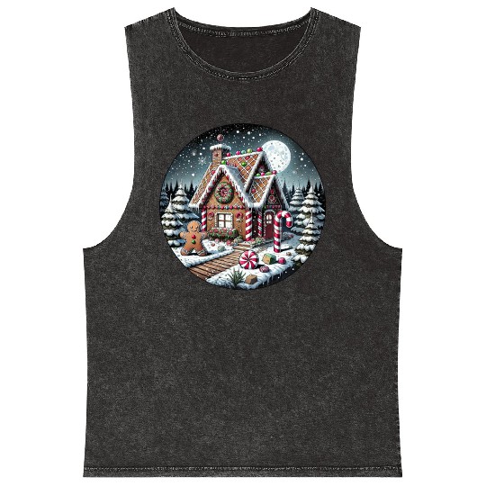 Christmas Gingerbread House with Candy Canes Mineral Wash Tank Tops