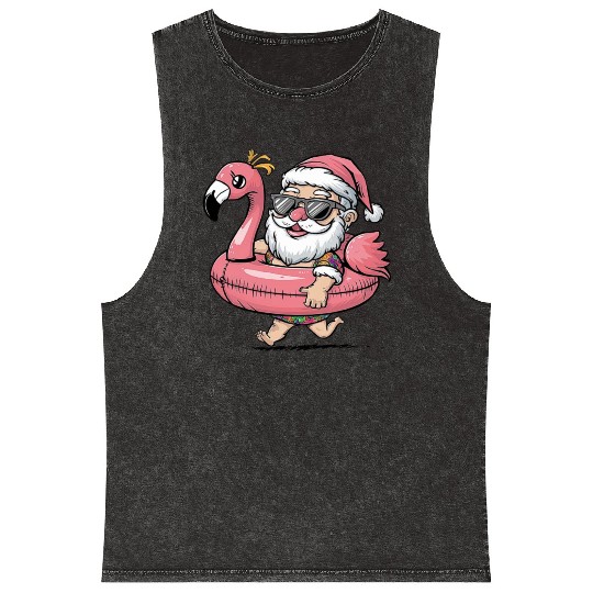 Summer Santa Claus with Flamingo Float Mineral Wash Tank Tops