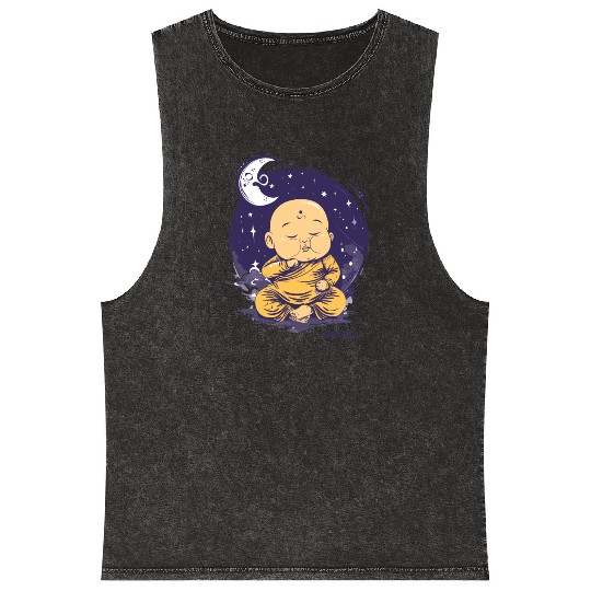 Sleepy Baby Buddha with Moon and Stars Mineral Wash Tank Tops
