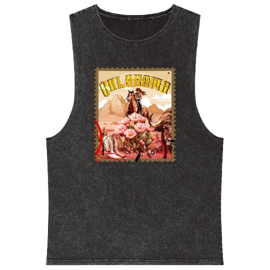 Oklahoma Cowgirl Stamp Mineral Wash Tank Tops