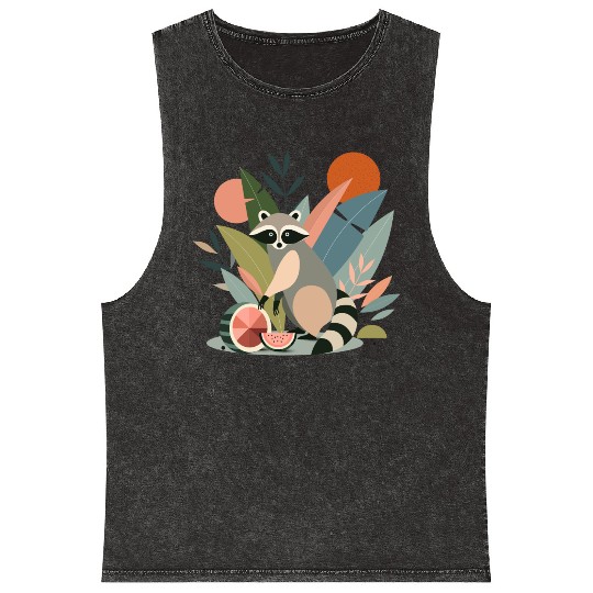 Raccoon with tropical plants and melons Mineral Wash Tank Tops