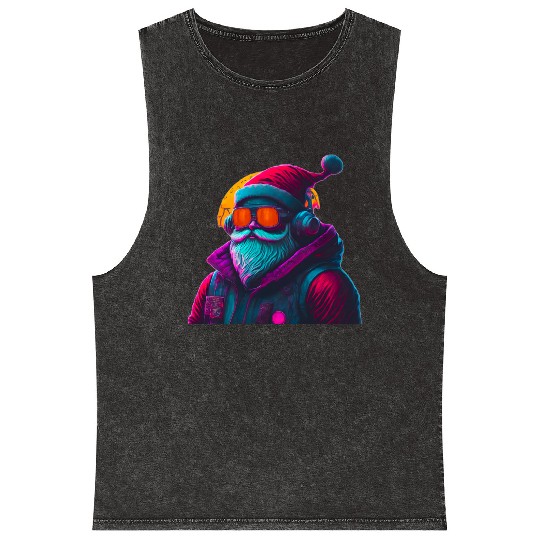 Retro Cool Santa Claus with Headphones Neon Colors Mineral Wash Tank Tops