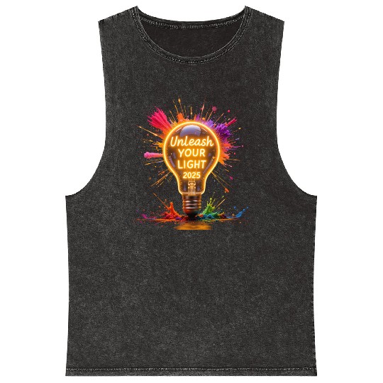 A large starburst glowing in neon light with 2025 Mineral Wash Tank Tops