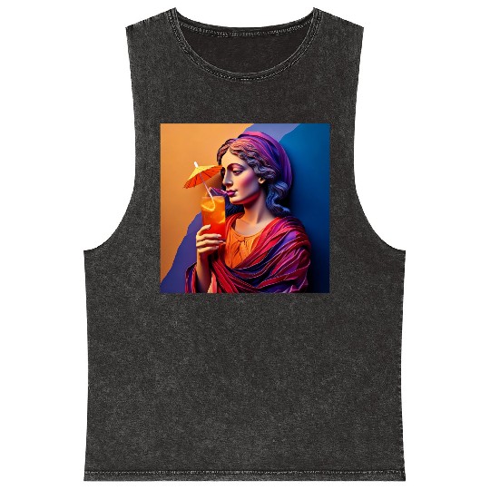 3D Artistic Lady with Tropical Drink in Vibrant Mineral Wash Tank Tops