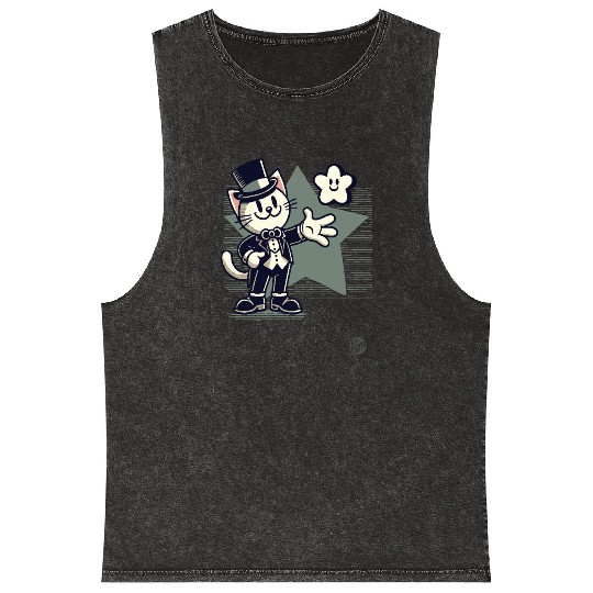 Happy Retro Cartoon Cat in Tuxedo with Star Mineral Wash Tank Tops