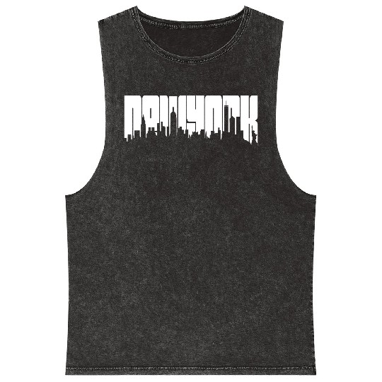 New York Skyline Typography Mineral Wash Tank Tops