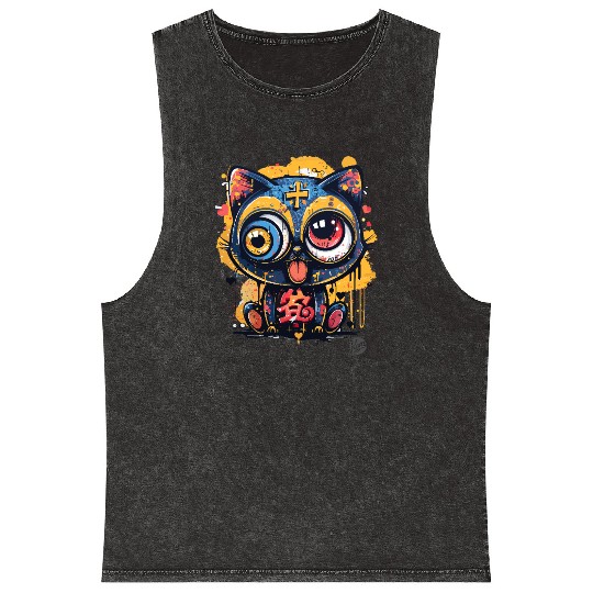 Psycho Lucky Cat – Glitch Meow Madness Mineral Wash Tank Tops