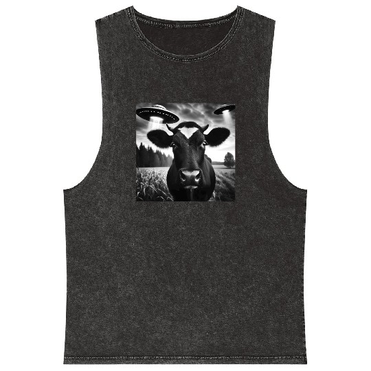 Cow cattle heifer Funny Graphic Selfie with UFO We Mineral Wash Tank Tops