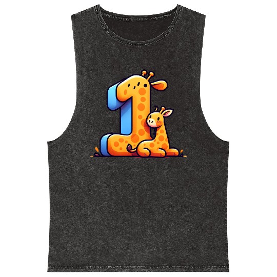 Cheerful Giraffe with Number 1 Design Mineral Wash Tank Tops