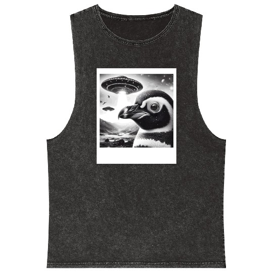 Penguin Sci-Fi Funny Graphic Selfie with UFOs Weir Mineral Wash Tank Tops