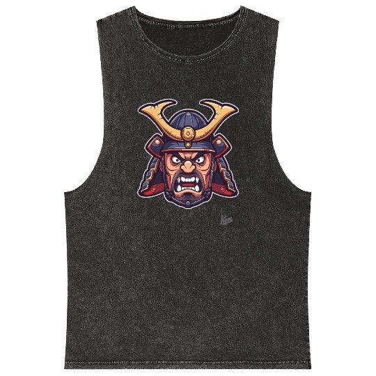 Angry Samurai Warrior Head Illustration Mineral Wash Tank Tops