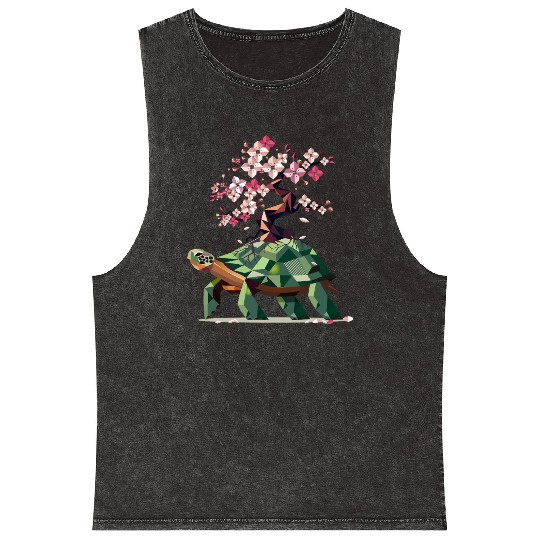 Turtle with blooming cherry blossom bonsai Mineral Wash Tank Tops