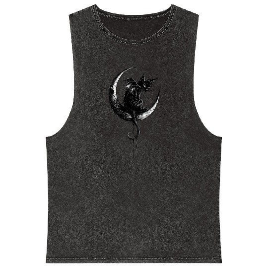 Cat With Bat Wings Sitting On Crescent Moon Goth Mineral Wash Tank Tops