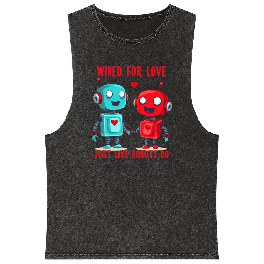 Valentine's Day Gift: Two Robots in Love on Bella Mineral Wash Tank Tops