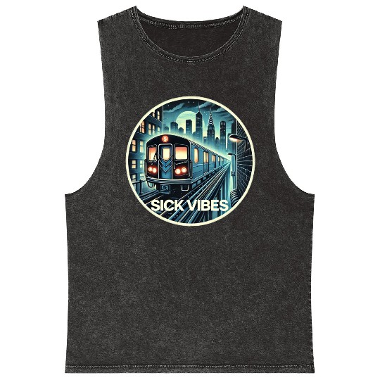 Retro Futuristic Subway Train - Neon Cyberpunk Cit Mineral Wash Tank Tops