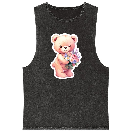 Teddy bear with bouquet of flowers Mineral Wash Tank Tops