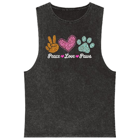Peace Love Paws Leopard Print Design Mineral Wash Tank Tops
