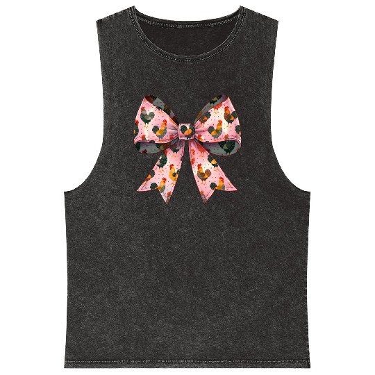 Coquette Bow Chicken Pattern Farm Farmer Mineral Wash Tank Tops