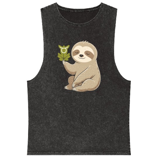 Taurus Zodiac Sloth with Leaf Symbol Serenity Mineral Wash Tank Tops