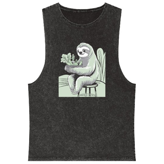 Cute Sloth Hugging Plants Vegan Vegetarian Mineral Wash Tank Tops