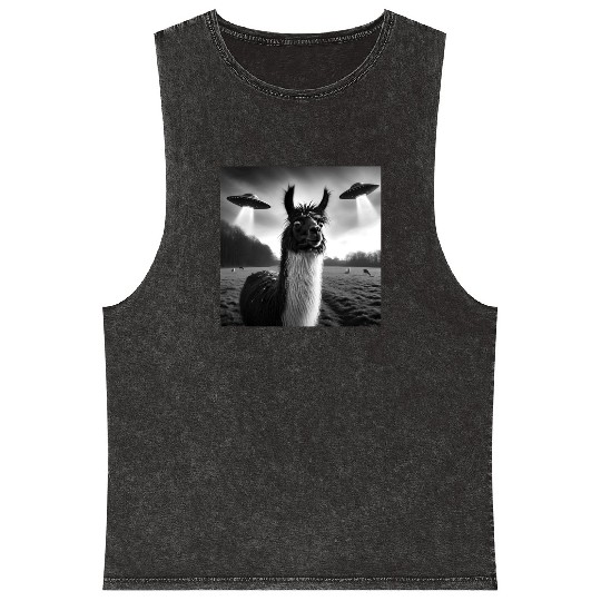 Llama alpaca Funny Graphic Selfie with UFOs Weird Mineral Wash Tank Tops