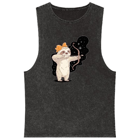 Sagittarius Zodiac Sloth Bow and Stars Mineral Wash Tank Tops
