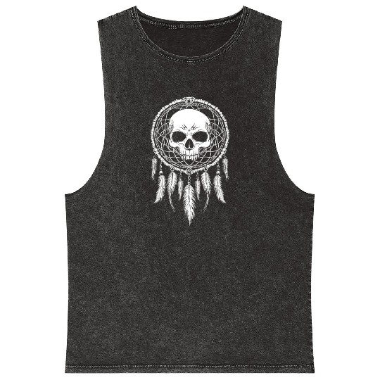 Skull Dreamcatcher Gothic Boho Skull Tribal Mineral Wash Tank Tops