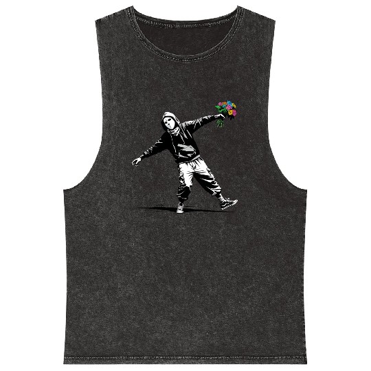 Banksy Protester Throwing Flowers Mineral Wash Tank Tops